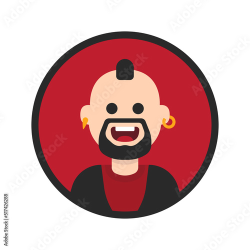 Rocker character cartoon, punk man with mohawk and beard vector illustration.