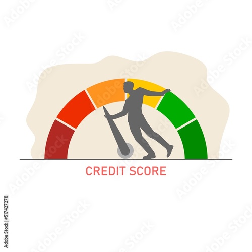 Man pulling credit score arrow gauge speedometer indicator with color levels. Measurement from poor to excellent rating for credit or mortgage loans concept flat style design illustration.