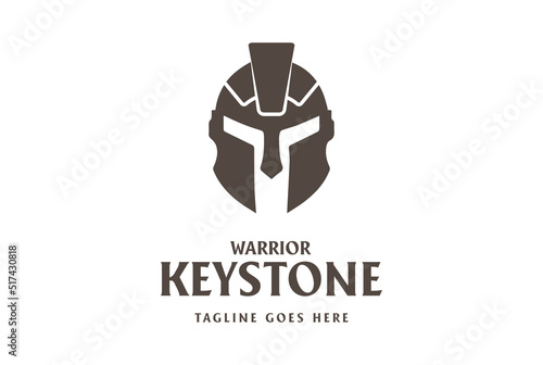 Retro Vintage Roman Spartan Greek Warrior Knight Helmet with Keystone Brick Logo Design Vector