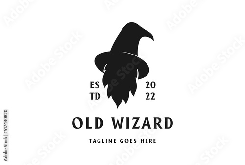 Vintage Retro Old Beard Face with Wizard Hat for Magic Logo Design Vector