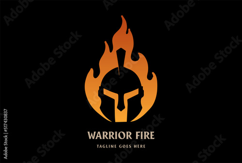 Greek Roman Spartan Knight Helmet with Fire Flame Logo Design Vector