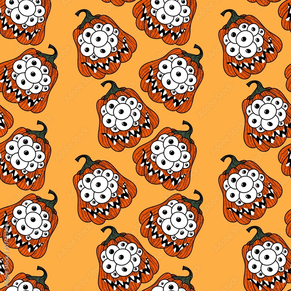 Halloween seamless monster pumpkins with eyes pattern for wrapping paper and fabrics and accessories and kids Halloween seamless monster pumpkins with eyes pattern for wrapping paper and fabrics and accessories and kids
