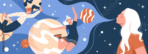 Woman and man in cosmos. Metaphor of virtual reality, creative personality and insight. Characters, insight and exchange of ideas, brainstorming. Abstract poster. Cartoon flat vector illustration