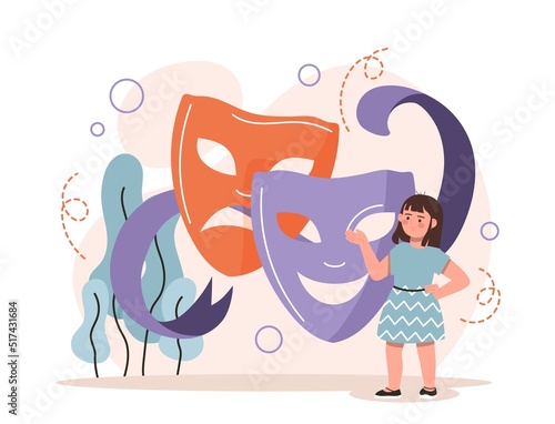 Theater camp concept. Girl next to masks. Development of childrens skills, creative personality, acting training. Summer acting program, courses for young actors. Cartoon flat vector illustration