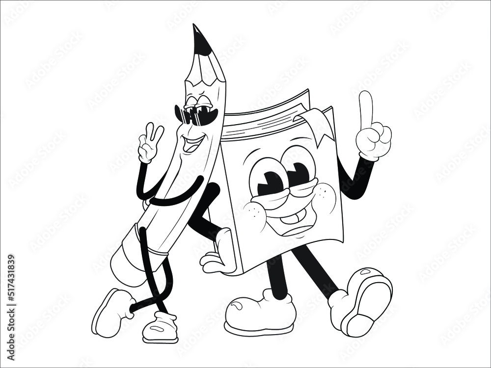 Obraz premium Line cartoon drawing pencil and book ready for school