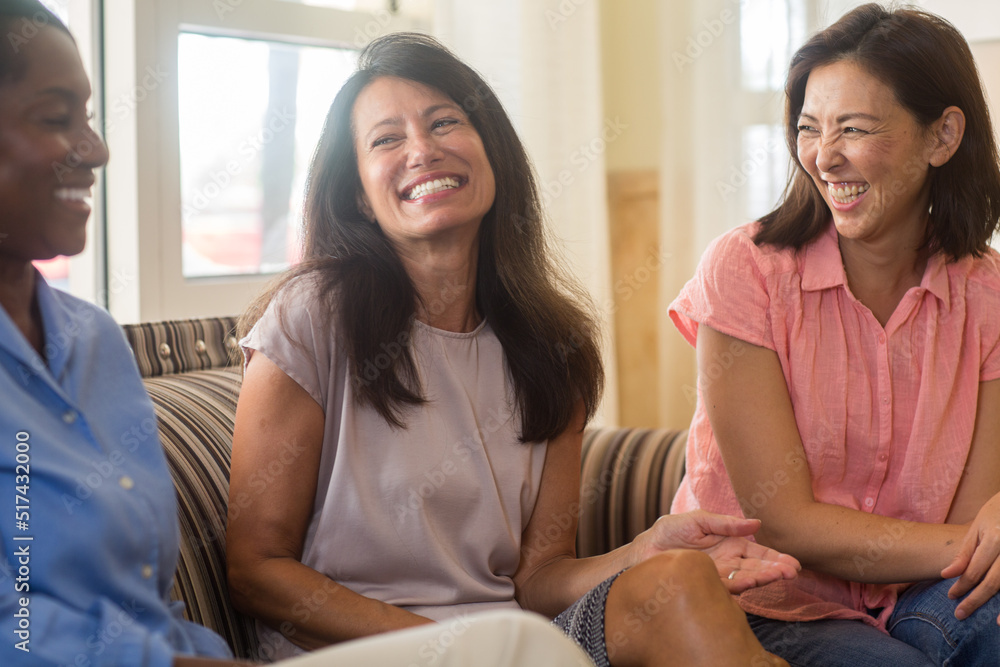 Friends laughing and talking sitting at home on the sofa Friends laughing and talking sitting at home on the sofa