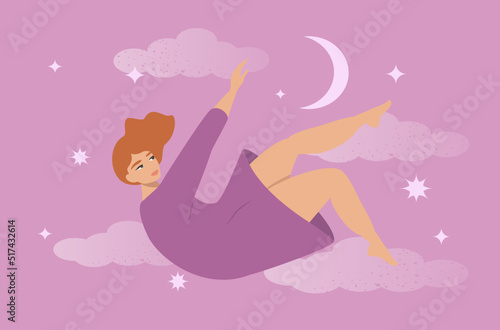 vector illustration in flat style on the theme of dreams, daydreams, fantasies. girl flying through the clouds