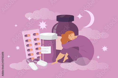 vector illustration in a flat style on the theme of sleeping pills, good sleep. sleeping girl and pill bottles