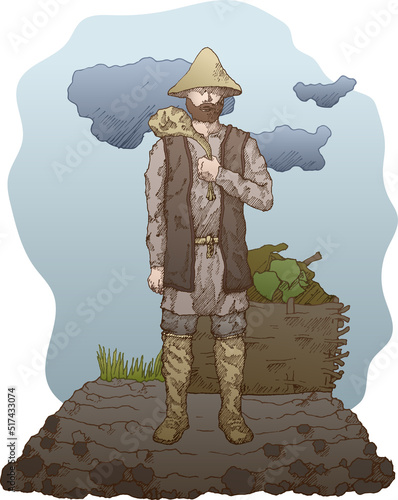 Medieval farmer illustration. Shoulder bag, compost bin, field, vegetable garden. Ready to use, eps10. For your design