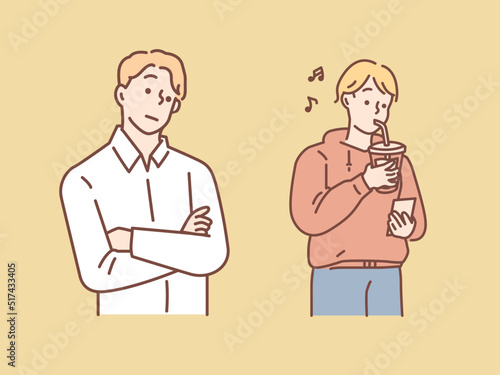 コーヒーを飲む、考え事をするイラスト(待ち合わせ、意見を話す、ボーっとする、スマホをいじる、時間を潰す) Illustration of drinking coffee and thinking.Meet, talk, daze, fiddle with your smartphone, and kill time.
