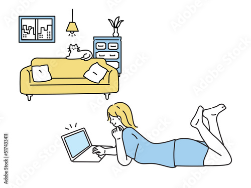 まったりする女性のイラスト(休日、くつろぐ、ごろごろ、リラックス、パソコン) An illustration of a woman who spends her time leisurely.Holidays, relaxation, loitering, computer.
