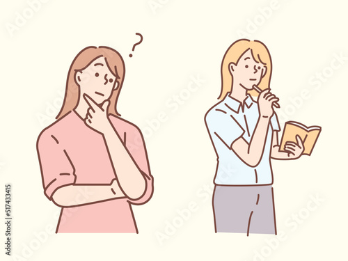 悩む女性のイラスト(困る、悩み、考える、問題、不安、調べる、困惑、疑問、解決、？) Confused man thinking together. People with question marks vector illustration