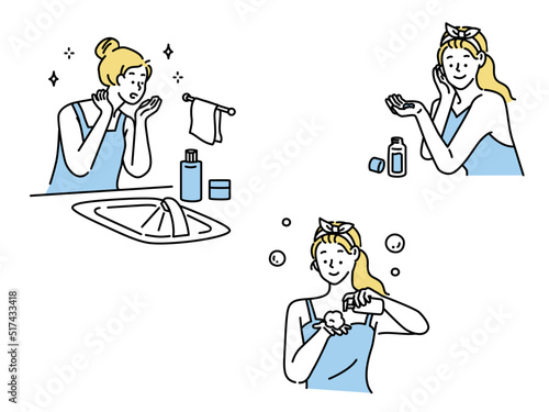 肌の悩み、美容のイラスト(女の子、鏡、ファッション、おしゃれ、スキンケア) Illustrations of skin problems, rough skin, acne . Mirrors, fashion, fashion, fashion, beauty, skin care.
