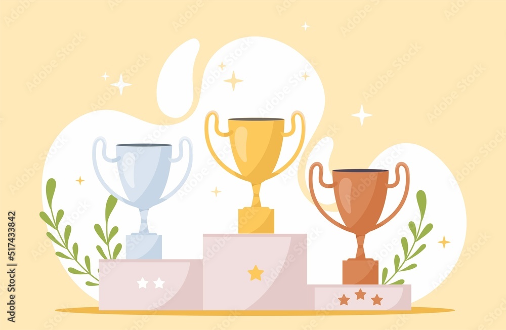Winners podium with cups. Pedestal with awards for people who took first, second and third place in competition. Prizes for champions. Gold, silver and bronze trophy. Cartoon flat vector illustration Winners podium with cups. Pedestal with awards for people who took first, second and third place in competition. Prizes for champions. Gold, silver and bronze trophy. Cartoon flat vector illustration