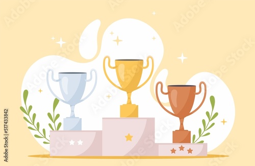 Winners podium with cups. Pedestal with awards for people who took first, second and third place in competition. Prizes for champions. Gold, silver and bronze trophy. Cartoon flat vector illustration