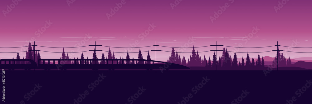 sunset with train silhouette in forest landscape flat design vector illustration good for wallpaper, background, backdrop, banner, web, and template