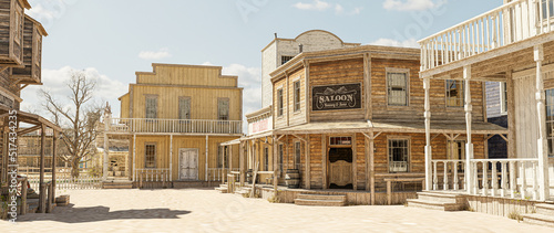 3D illustration rendering of an empty street in an old wild west town with wooden buildings. photo