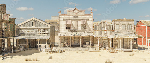 3D illustration rendering of an empty street in an old wild west town with wooden buildings. photo