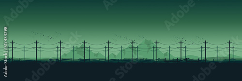 mountain landscape with electricity cable flat design vector illustration good for wallpaper, background, backdrop, banner, web, and template