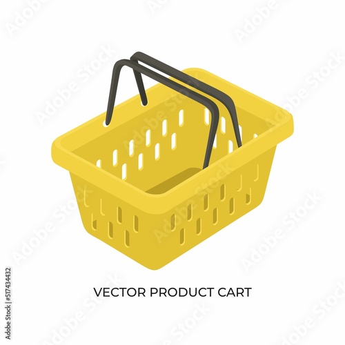 Vector realistic 3d illustration of a grocery cart. Yellow basket of a hypermarket. Icon for online store. Vector product cart.
