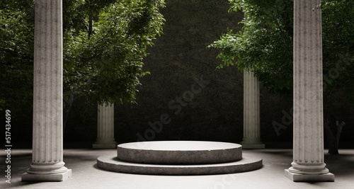 Fotografie, Obraz Round stone platform with Corinthian pillars and natural trees with shadow background