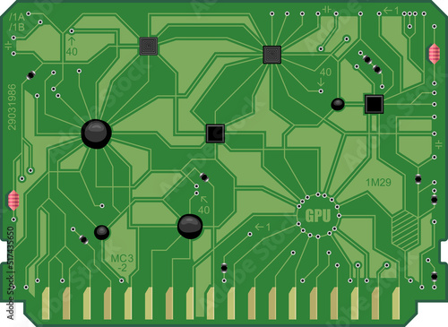 The computing module circuit Board. Green graphics video card. Printed computer motherboard with microcircuit. Electronic vector background