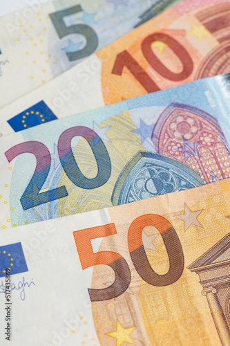 5, 10, 20, 50 euro banknotes. Money on white background