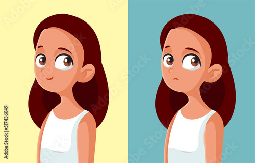 Teen Girl Feeling Happy and Sad Vector Cartoon Concept Illustration. Teenager feeling moody experiencing different emotions during puberty
