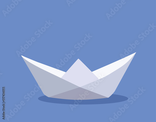 Vector Paper Boat Minimal Design on a Blue Background. Toy bot concept crafty object illustration symbol of freedom and simplicity 