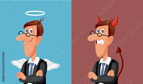 


Good Angel Boss Versus Evil Demon Boss Vector Cartoon. Happy manager and unhappy using different leadership strategies 


