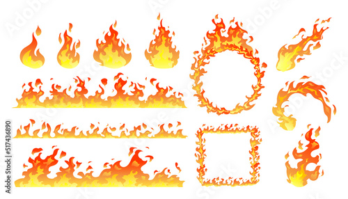 Collection of fire flames, burning bonfire, fireball, heat wildfire, burning effect cartoon illustration