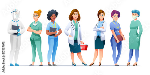 Medical female doctor and nurse cartoon character set
