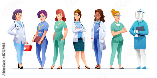Set of medical women doctor and nurse cartoon characters