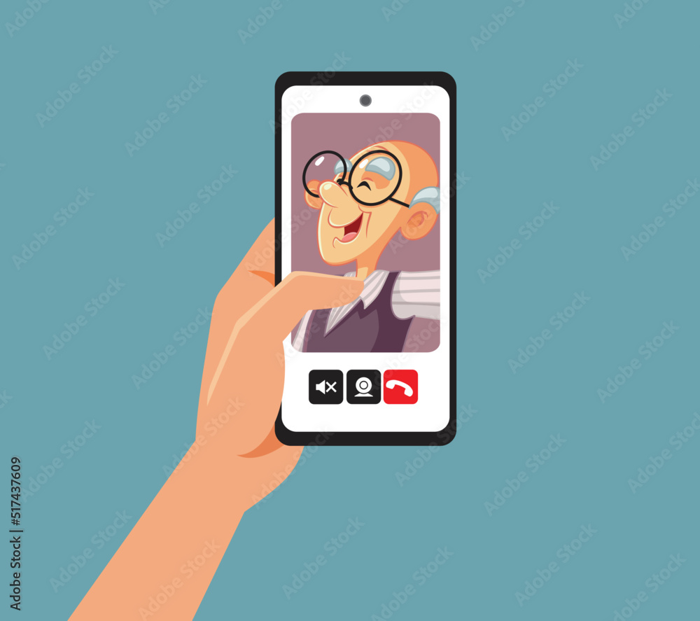 Person Talking with Grandpa on Video Call Vector Cartoon Illustration. Grandparent using video calling chat app to communicate long distance with family

