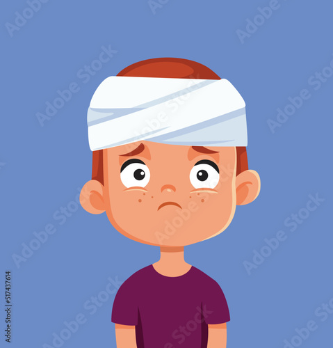 Boy in Bandage Having a Head Injury Vector Cartoon Illustration. Child suffering a concussion feeling unwell suffering in pain
