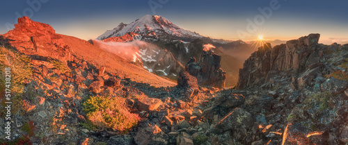 Mount Rainier National Park in the Cascade Range, Washington State, USA. A beautiful active volcano at sunset in North America. Summer time. © Michal