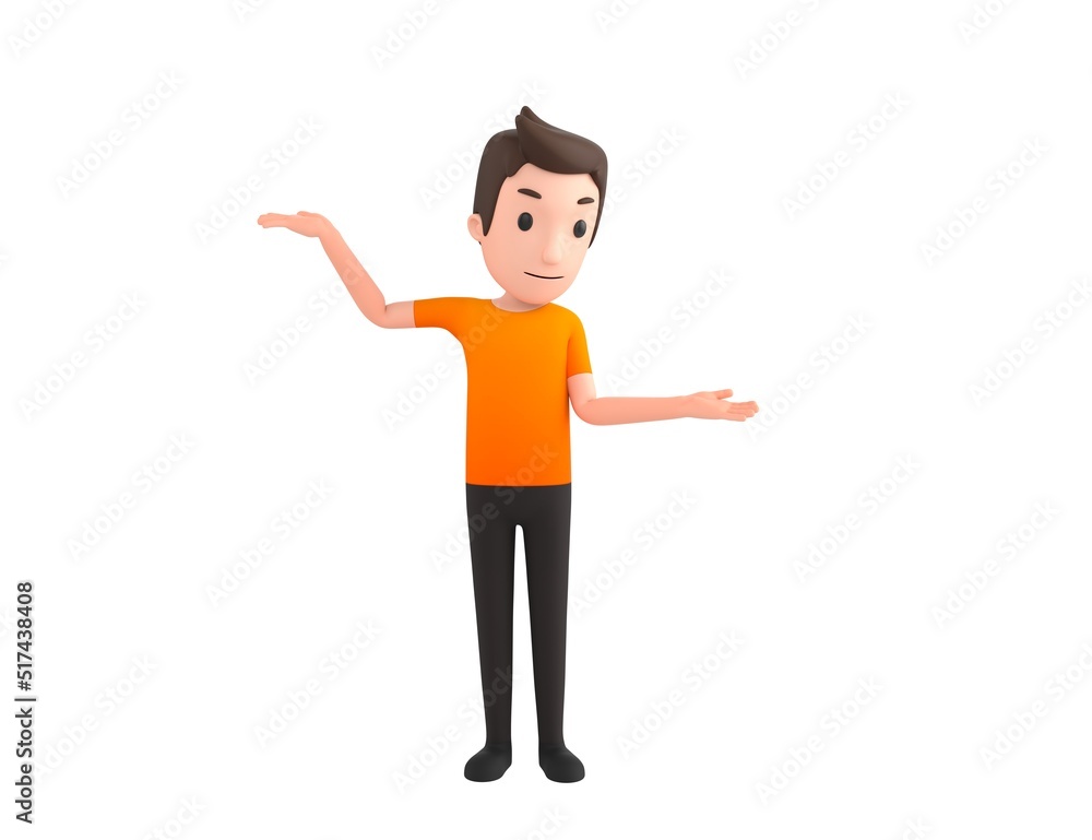 Man wearing Orange T-Shirt character choosing between two alternatives in 3d rendering. Man wearing Orange T-Shirt character choosing between two alternatives in 3d rendering.