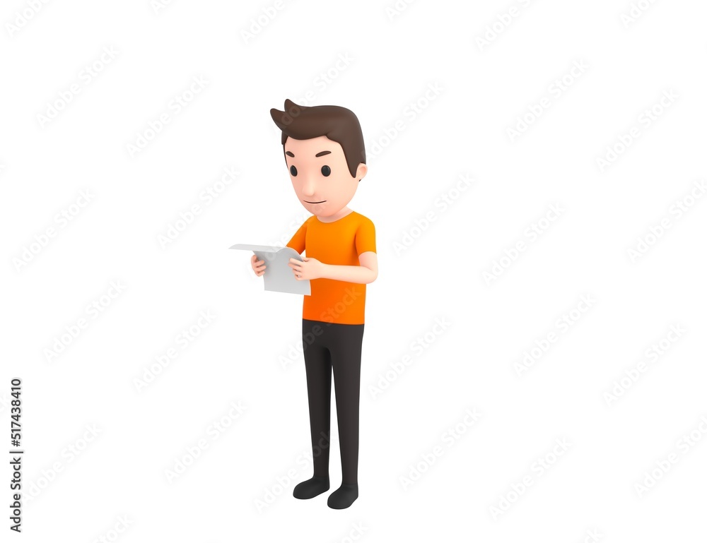 Man wearing Orange T-Shirt character reading paper in 3d rendering. Man wearing Orange T-Shirt character reading paper in 3d rendering.