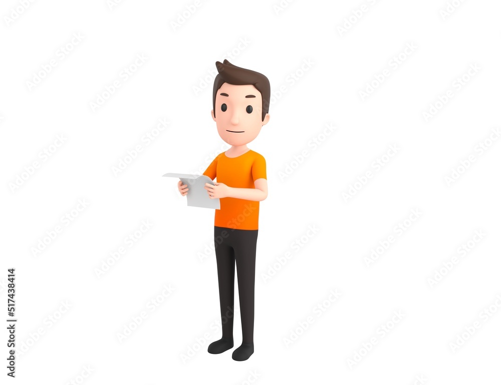 Man wearing Orange T-Shirt character reading paper and looking to camera in 3d rendering.
