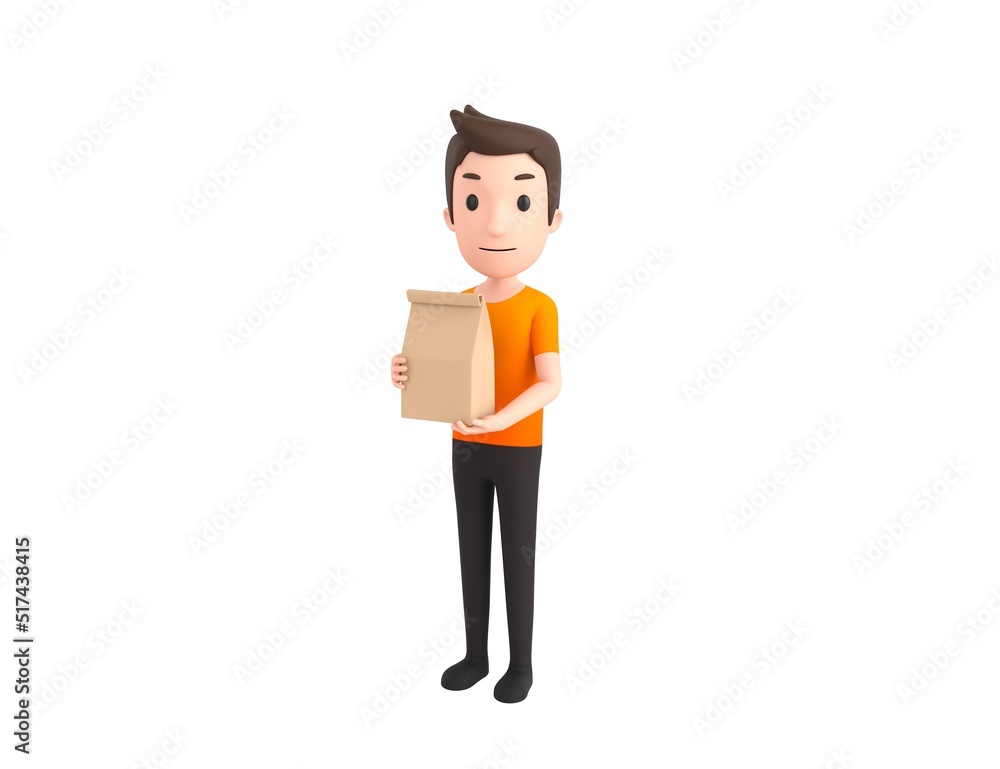 Man wearing Orange T-Shirt character holding paper containers for takeaway food in 3d rendering. Man wearing Orange T-Shirt character holding paper containers for takeaway food in 3d rendering.