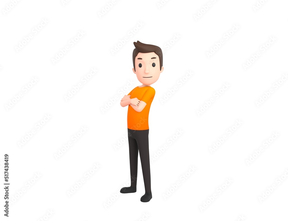 Man wearing Orange T-Shirt character cross arms and looking to camera in 3d rendering.
