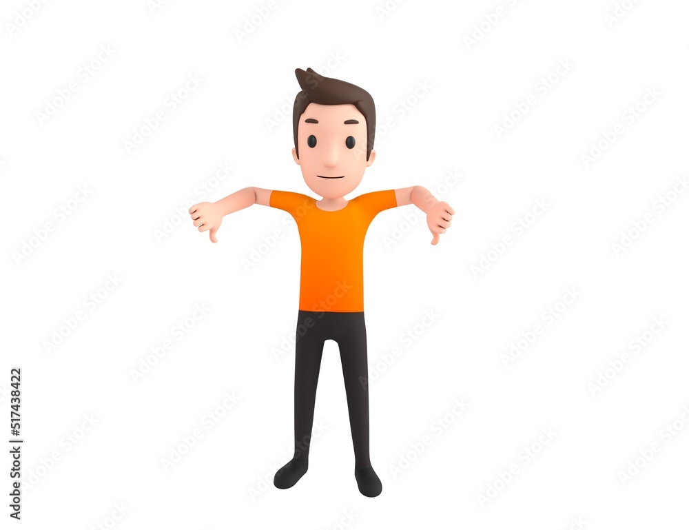 Man wearing Orange T-Shirt character showing thumb down with two hands in 3d rendering. Man wearing Orange T-Shirt character showing thumb down with two hands in 3d rendering.