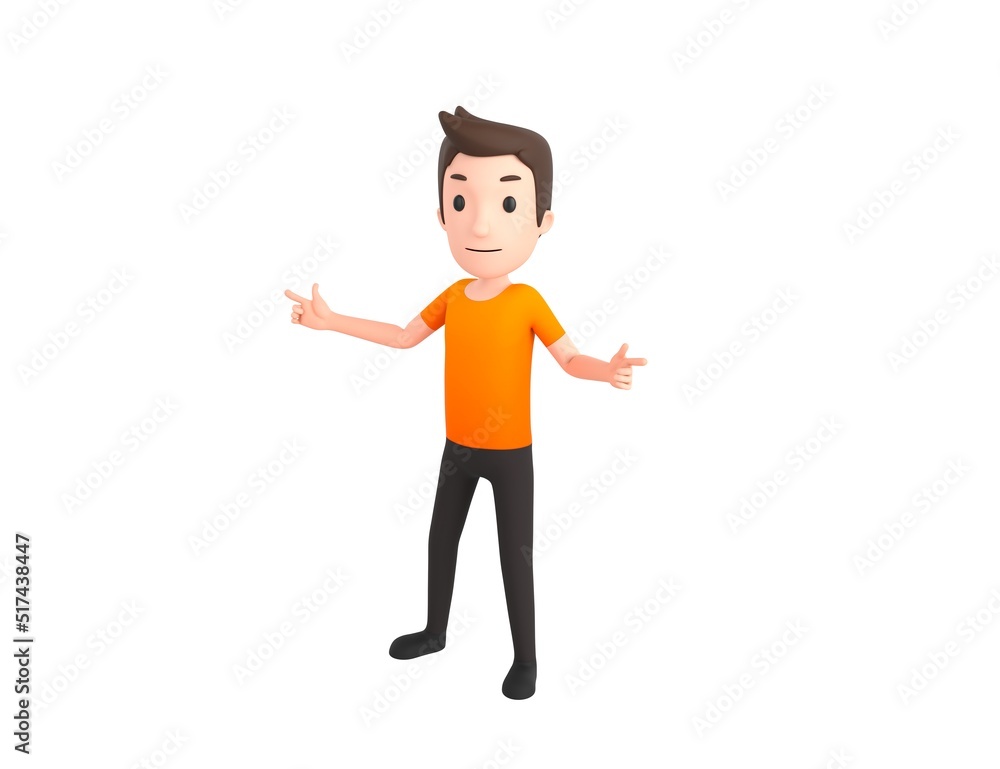 Man wearing Orange T-Shirt character pointing index finger both two side in 3d rendering. Man wearing Orange T-Shirt character pointing index finger both two side in 3d rendering.