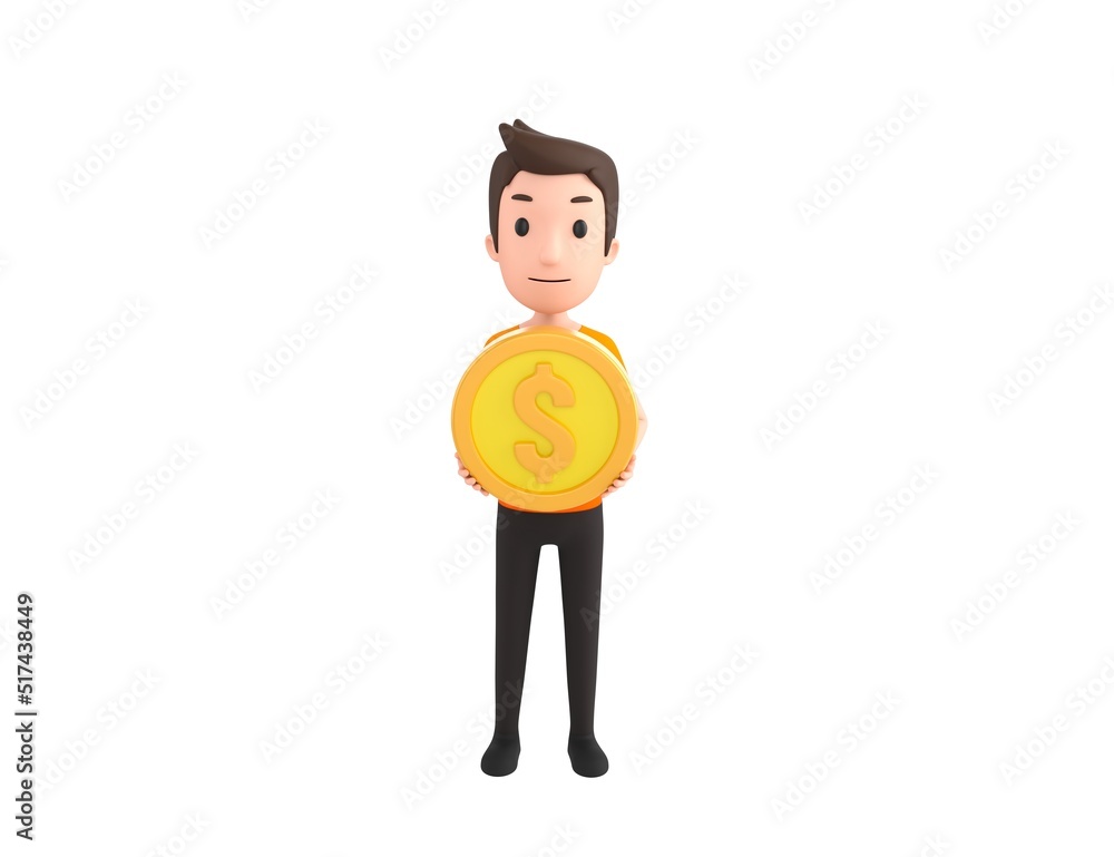 Man wearing Orange T-Shirt character holding golden dollar coin in 3d rendering. Man wearing Orange T-Shirt character holding golden dollar coin in 3d rendering.