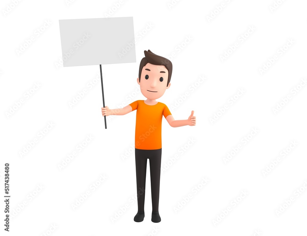 Man wearing Orange T-Shirt character holding a blank billboard and give thumb up in 3d rendering.