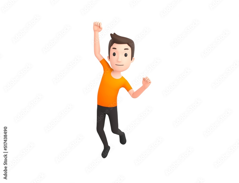 Man wearing Orange T-Shirt character Jumping with smile on face doing winner gesture with fists up in 3d rendering.