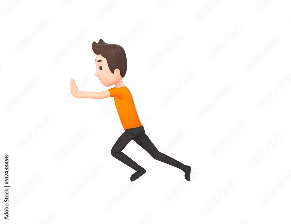 Man wearing Orange T-Shirt character pushing wall in 3d rendering.