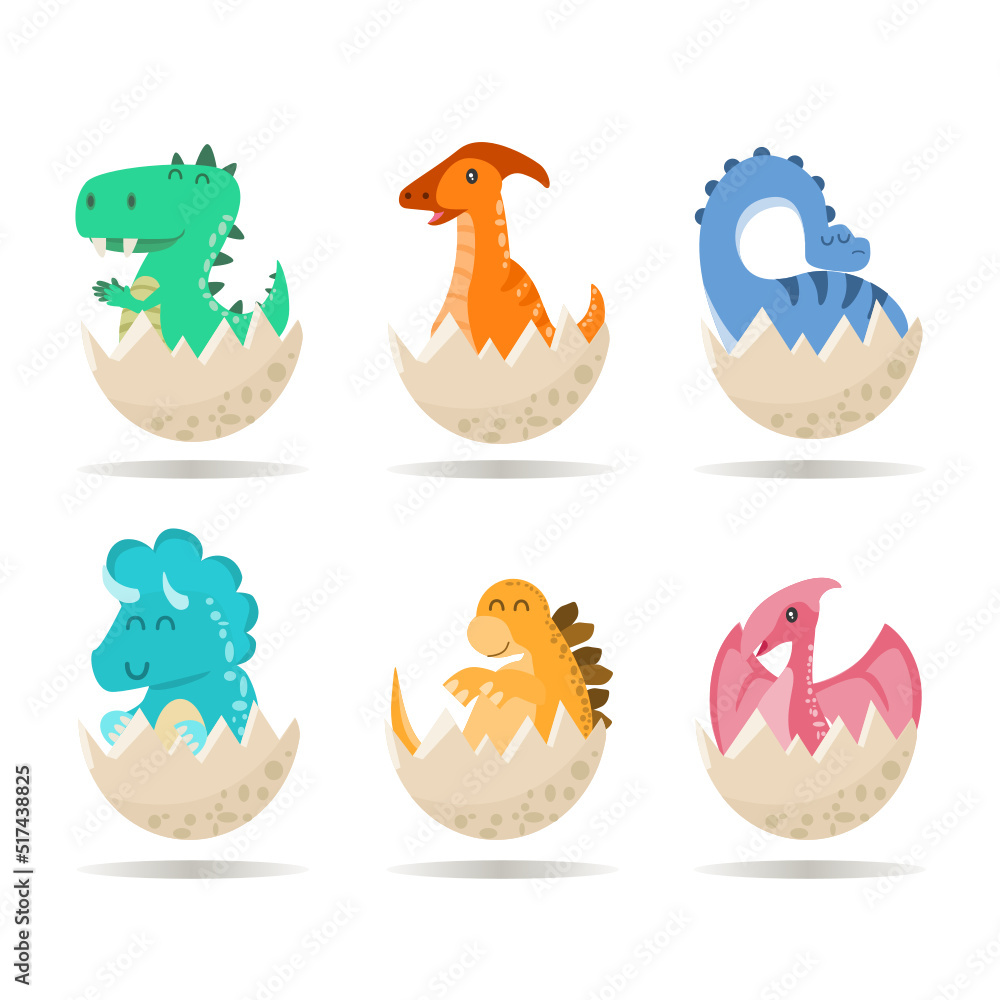 Cartoon hatching dinosaur baby set. Collection of cute dinosaur icons ...