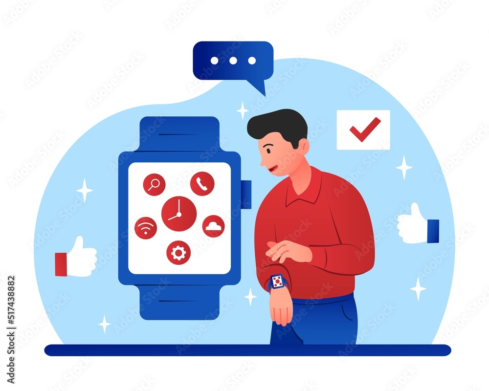 Watch application concept. Man opens programs on smartwatch. Modern technologies, gadgets and devices. Electronic band, software for busy people. Reminder and clock. Cartoon flat vector illustration