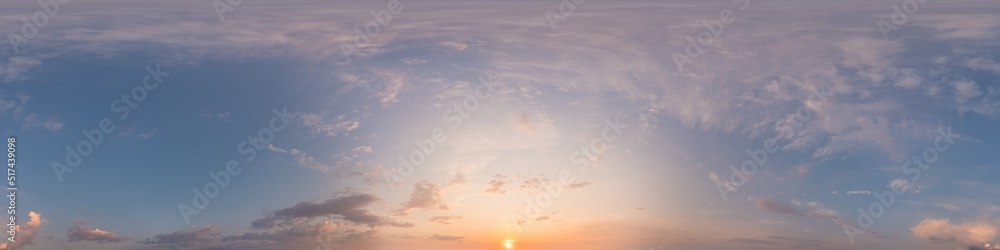 Obraz premium Panorama of a dark blue sunset sky with pink Cirrus clouds. Seamless hdr 360 panorama in spherical equiangular format. Full zenith for 3D visualization, sky replacement for aerial drone panoramas.